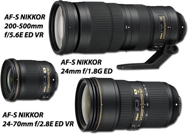 AF-S NIKKOR 200-500mm f/5.6E ED VR, AF-S NIKKOR 24mm f/1.8G ED, AF-S NIKKOR 24-70mm f/2.8E ED VR