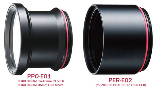 Olympus PPO-E01 and PER-E02 Underwater Lens Accessories For ZD 14-45mm f/3.5-5.6, ZD 35mm f/3.5 Macro, and ZD 7-14mm f/4.0