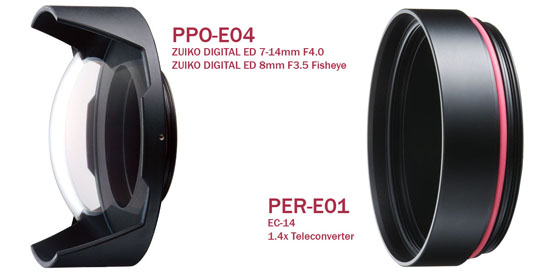 Olympus PPO-E04 and PER-E01 Underwater Lens Accessories For ZUIKO DIGITAL ED 7-14mm F4.0, ZUIKO DIGITAL ED 8mm F3.5 Fisheye, and the EC-14 1.4x Teleconverter