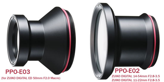 Olympus PPO-E03 and PPO-E02 Underwater Lens Accessories For ZD 11-22mm, ZD 14-54mm f/2.8-3.5 and Zuiko Digital 50mm f/2.0 Macro