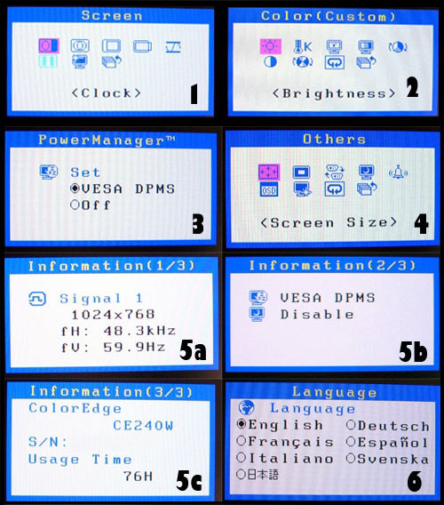 Eizo ColorEdge CE240 On-Screen Menus