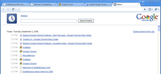 Google Chrome Beta History View