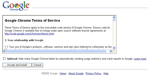 Google Chrome Beta TOS Screen Capture