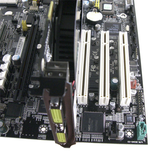 Iwill DN800-SLI showing XFX GeForce 6800 XTreme 256MB DDR3 being quite snug next to a PCI 32/33MHz slot