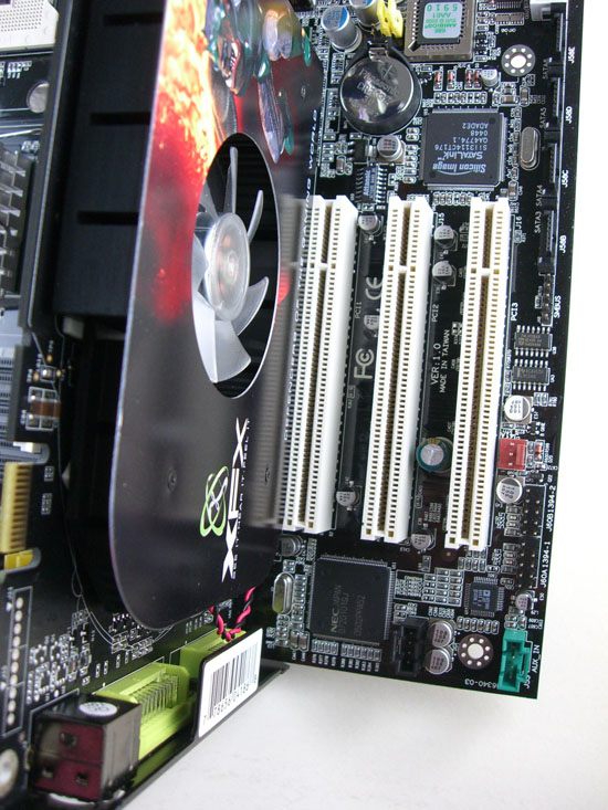 Another angle of the Iwill DN800-SLI showing XFX GeForce 6800 XTreme 256MB DDR3 being quite snug next to a PCI 32/33MHz slot