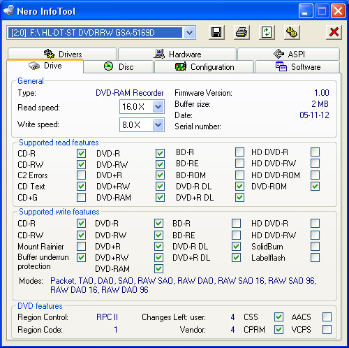 GSA-5169D recognized by Nero Info Tool v4.03