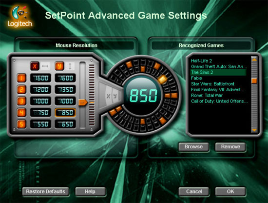 Logitech SetPoint Advanced Game Settings