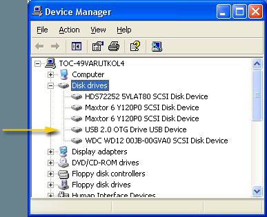 Screenshot of 250OTG and Fujitsu MHV2080AH being recognized by Device Manager